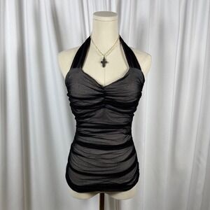 Black Mesh Ruched Halter Top Sweetheart Neckline Y2K Gothic Honeycomb Fishnet